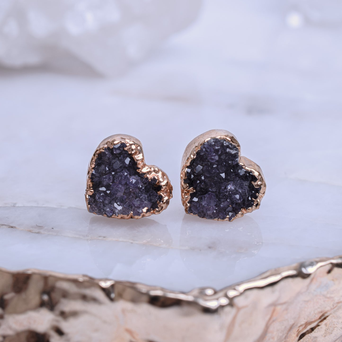 Druzy Amethyst Heart Shaped Stud Earrings