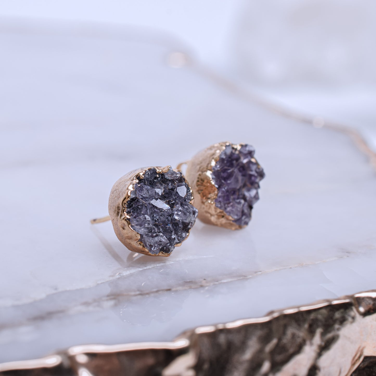 Druzy Amethyst Round Shaped Stud Earrings