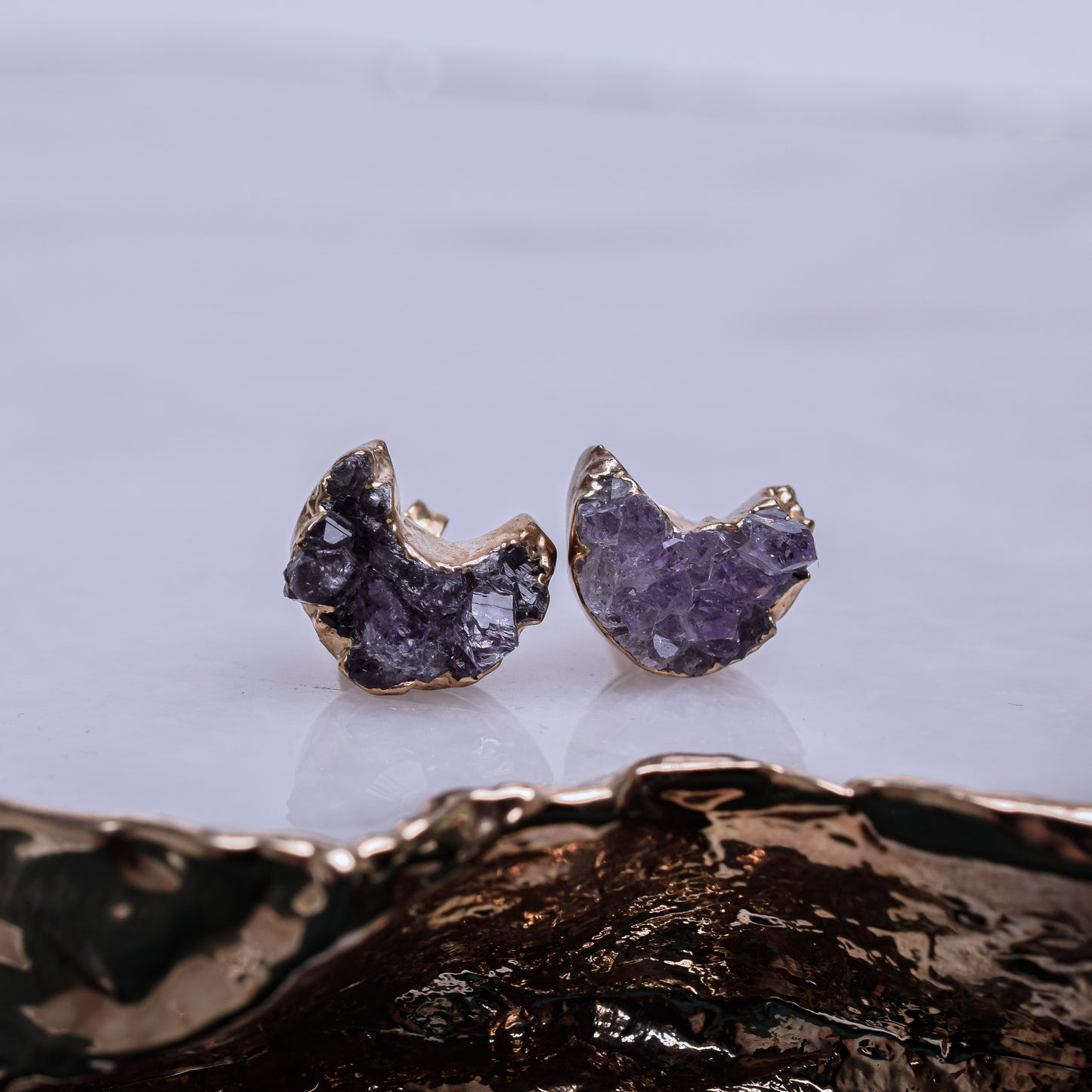 Druzy Amethyst Moon Shaped Stud Earrings