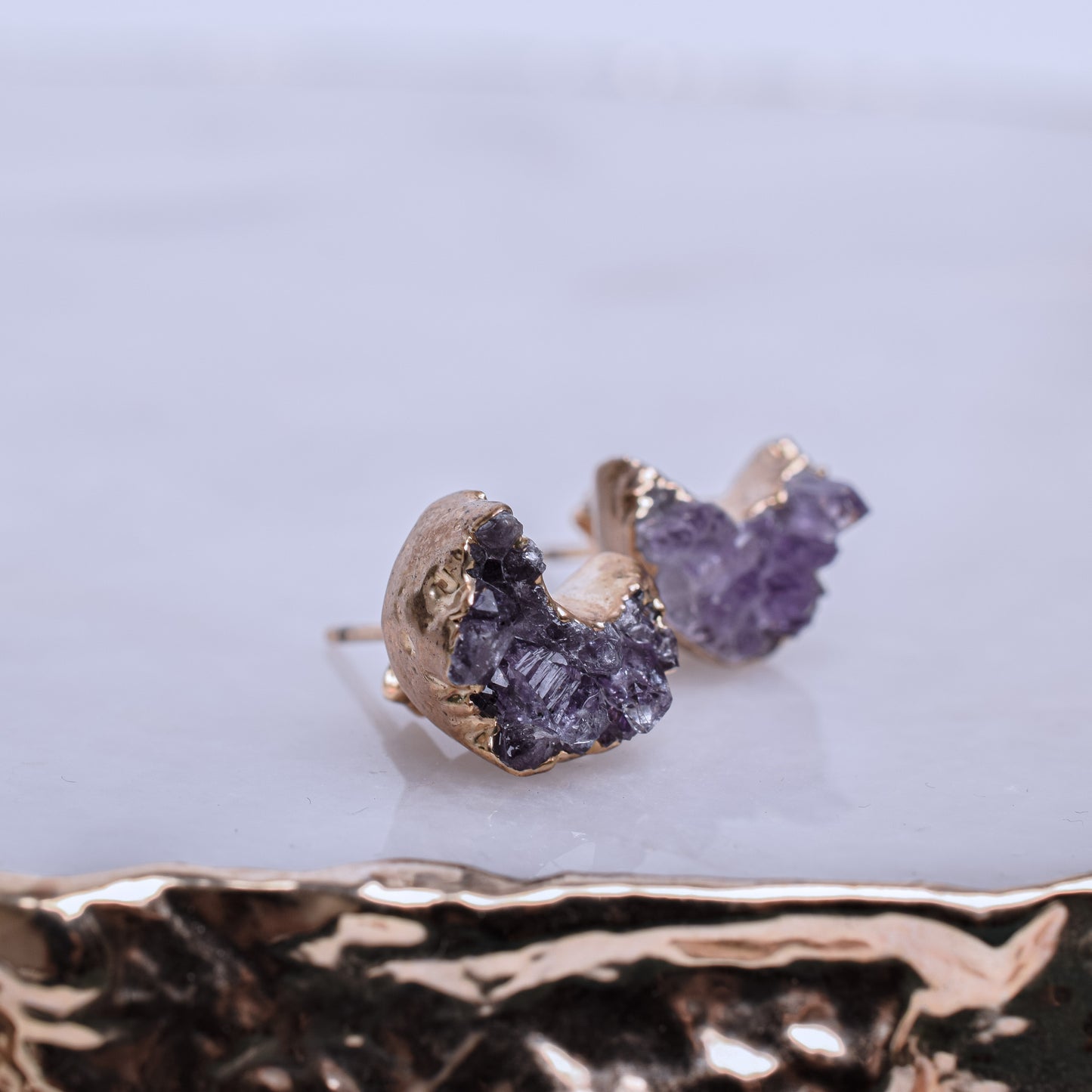 Druzy Amethyst Moon Shaped Stud Earrings
