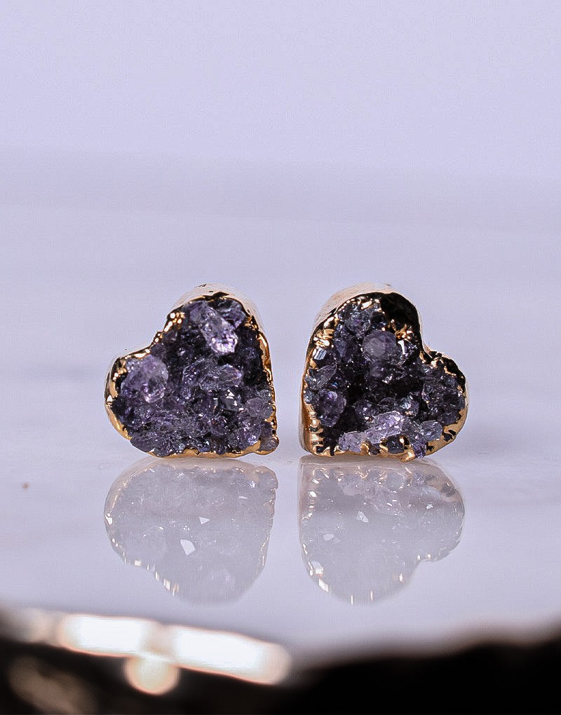 Druzy Amethyst Heart Shaped Stud Earrings