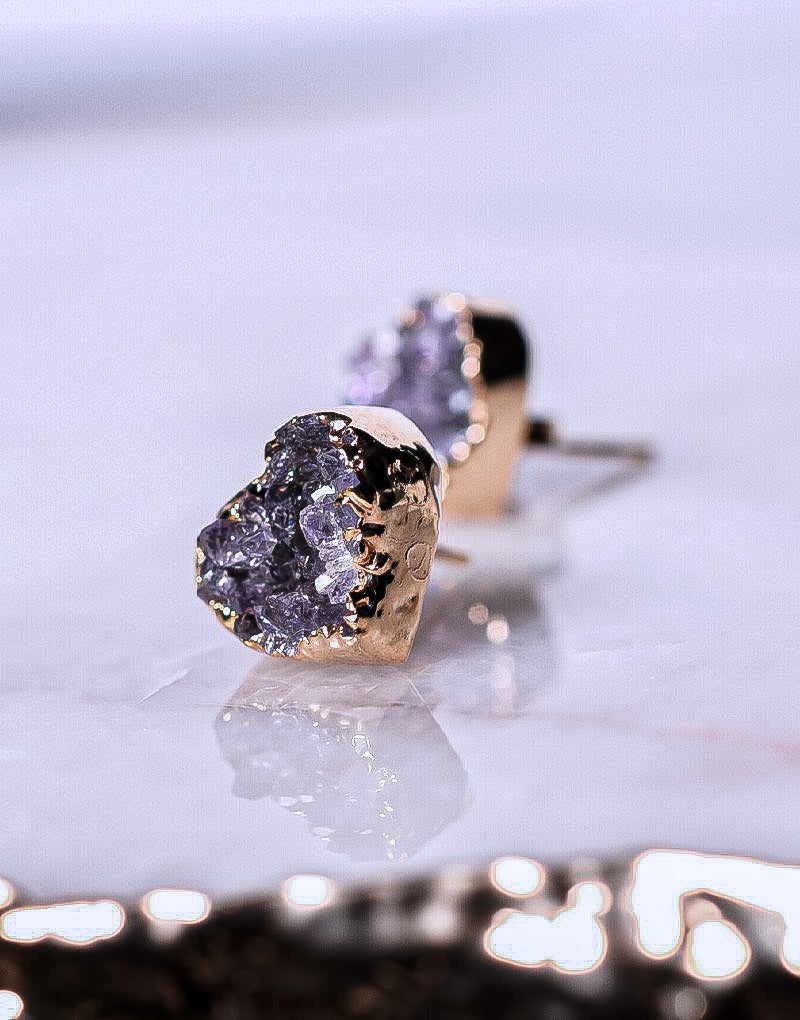 Druzy Amethyst Heart Shaped Stud Earrings