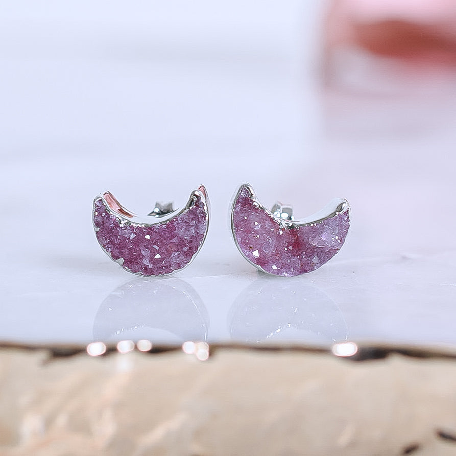 Druzy Quartz Moon Shaped Stud Earrings