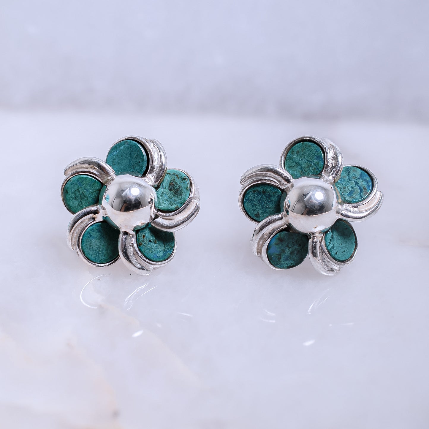 Chrysocolla Flower .950 Sterling Silver Earrings