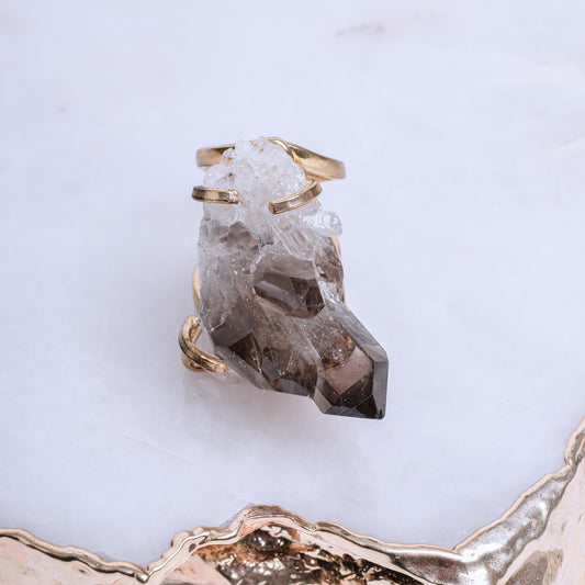 Smoky Quartz Cluster Gold Plated Ring