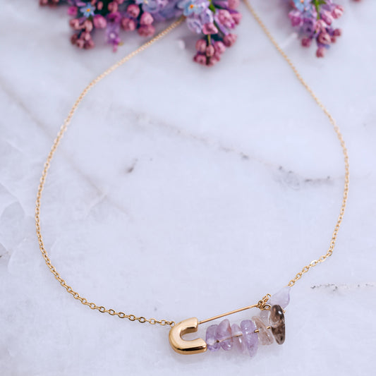 Raw Amethyst Safety Pin Necklace