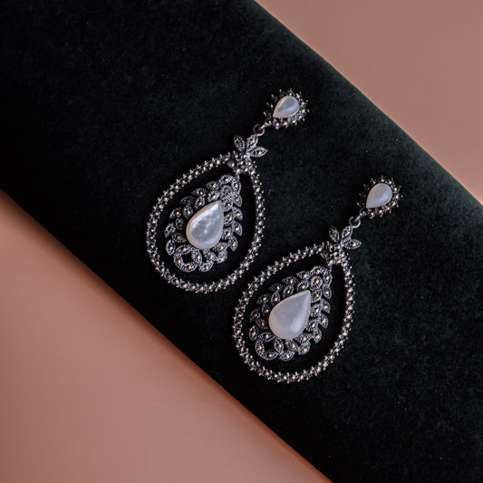 Mother of Pearl & Marcasite Teardrop Earrings – Vintage Glamour with Modern Edge