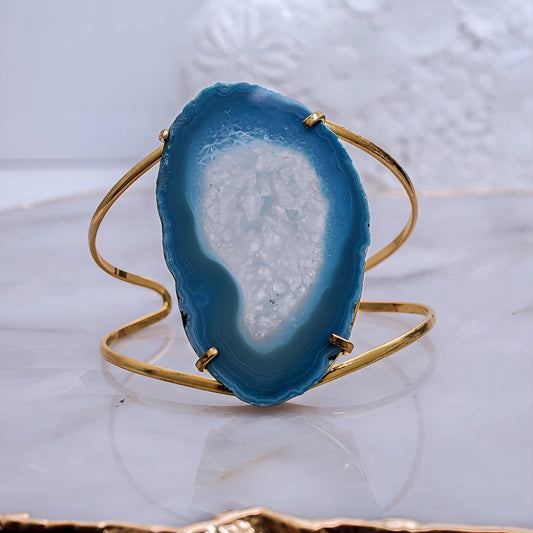 Handcrafted Maxi Blue Agate Druzy Cuff Bracelet - Ocean’s Whisper