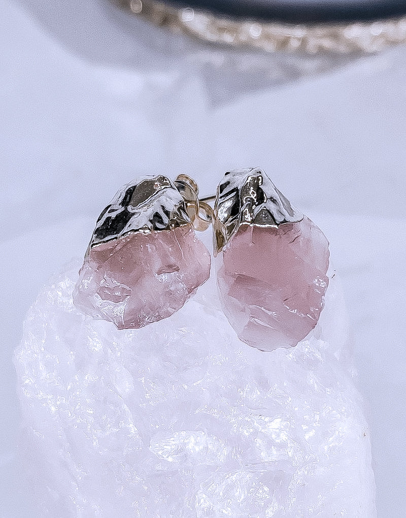 Raw Rose Quartz Gold Plated Stud Earrings